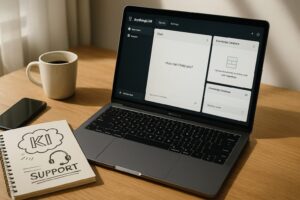 Laptop mit geöffneter AnythingLLM-Oberfläche neben Kaffeetasse und Notizblock auf Holztisch