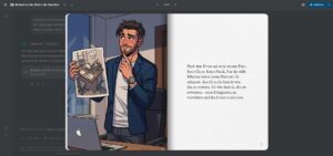 Aufgeschlagenes digitales Bilderbuch mit Illustration und Text, erstellt mit Google Gemini Storybook