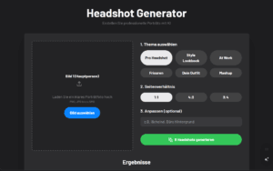 Screenshot der Weboberfläche des Headshot Generators mit Themenauswahl und Seitenverhältnis