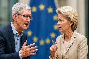 KI-Montage: Apple-Chef und EU-Kommissionspräsidentin im Wortgefecht vor der Europaflagge