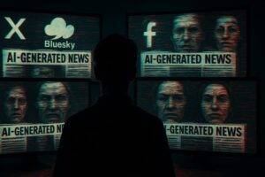 Silhouette vor einer Monitorwand mit Schlagzeilen zu KI-generierten Falschmeldungen
