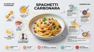 Infografik zu Spaghetti Carbonara mit Zutatenliste, vier Zubereitungsschritten und Nährwerten
