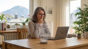 Nachdenkliche Frau am Laptop in einem hellen Wohnzimmer mit Bergblick