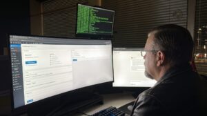Mann vor Doppelmonitor mit WordPress-Backend und Terminal im abgedunkelten Büro