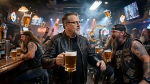 Männer mit Bierkrügen in einer Bikerbar