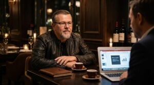 Lead AI: Warum KI-Strategie Chefsache ist und keine IT-Aufgabe Zwei Männer im Gespräch an einem Restauranttisch mit aufgeklapptem Laptop und Diagrammen