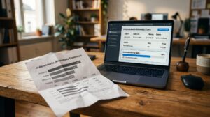 Laptop zeigt automatisierte Rechnungsverarbeitung bei 68 % neben einem Ausdruck von AI-Benchmark-Ergebnissen