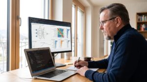 Ein Mann mit Brille arbeitet an einem Schreibtisch mit Laptop und einem Monitor, der Datenvisualisierungen zeigt