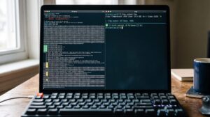 Laptop-Bildschirm mit Terminal-Fenstern, die Git-Status und erfolgreiche Testergebnisse anzeigen