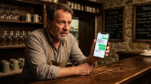 Ein Mann in Schürze hinter einer Schank hält besorgt ein Smartphone mit einer Chat-Nachricht in die Kamera