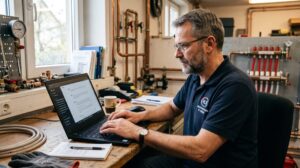 HLS-Meister arbeitet in seiner Werkstatt an einem Laptop