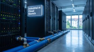 Serverraum der Industrial AI Cloud Munich mit schwarzen Racks und blauen Kühlleitungen am Boden