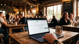 Hände am Laptop in einem rustikalen Lokal