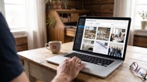 Person am Laptop nutzt eine WordPress-Mediathek mit Bildern, die als KI-generiert gekennzeichnet sind
