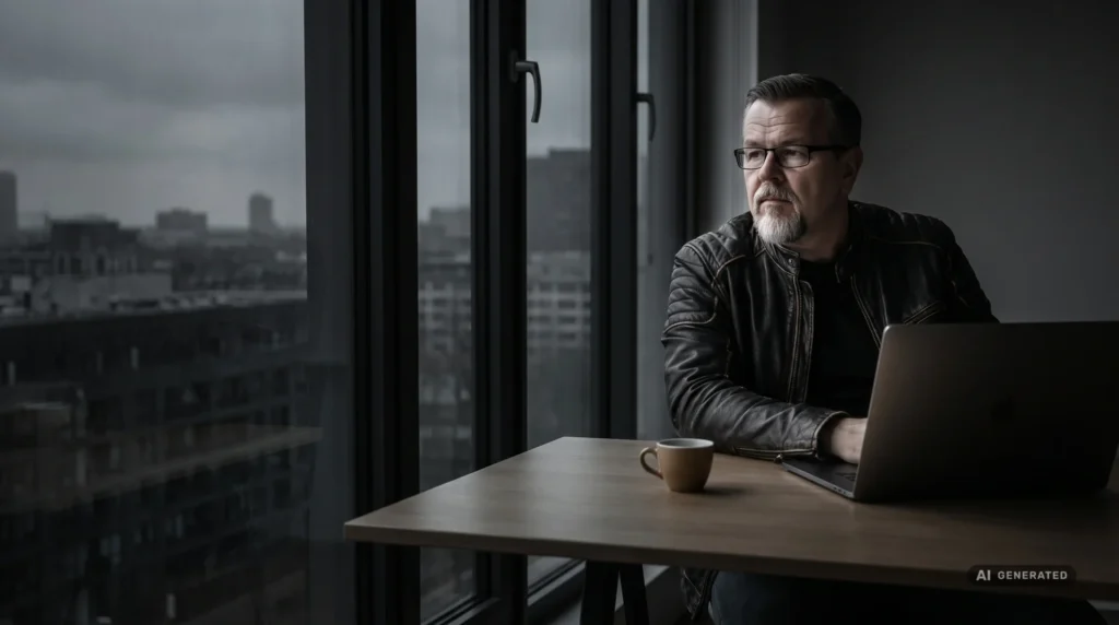 Alex Januschewsky am Laptop blickt aus dem Fenster auf Salzburg