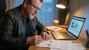 Mann arbeitet an Schreibtisch