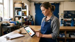 Der KI-Check für EPU und KMU: zwölf Fragen, und du weißt, wo du anfängst Frau prüft Tablet in Werkstatt
