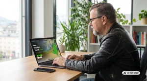 Mann am Laptop mit Dino