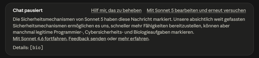 Chat pausiert, Sonnet 5-Nachricht markiert