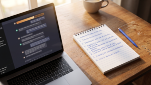 Nie wieder Tokenlimit: So nutzt du Claude, ohne mitten in der Woche vor der Wand zu stehen Laptop und Notizbuch auf dem Tisch