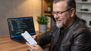 Mann prüft Handy vor Laptop