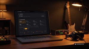 Musikproduktions-Setup mit Laptop und Gitarre