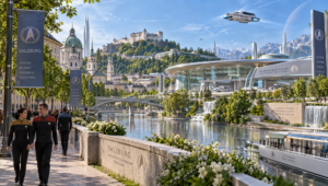 Salzburg futuristic cityscape with shuttle.