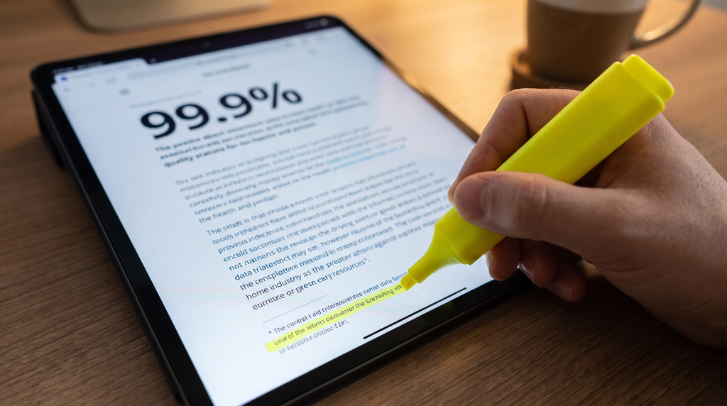 Nahaufnahme eines Tablet-Bildschirms mit einer Pressemitteilung, die Zahl 99,9 Prozent groß im Bild, eine Hand markiert mit einem gelben Textmarker eine Fußnote am unteren Bildschirmrand.