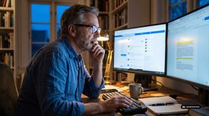 Mann arbeitet am Computer.