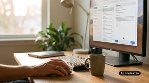 Schreibtisch mit Computermonitor und Tasse.