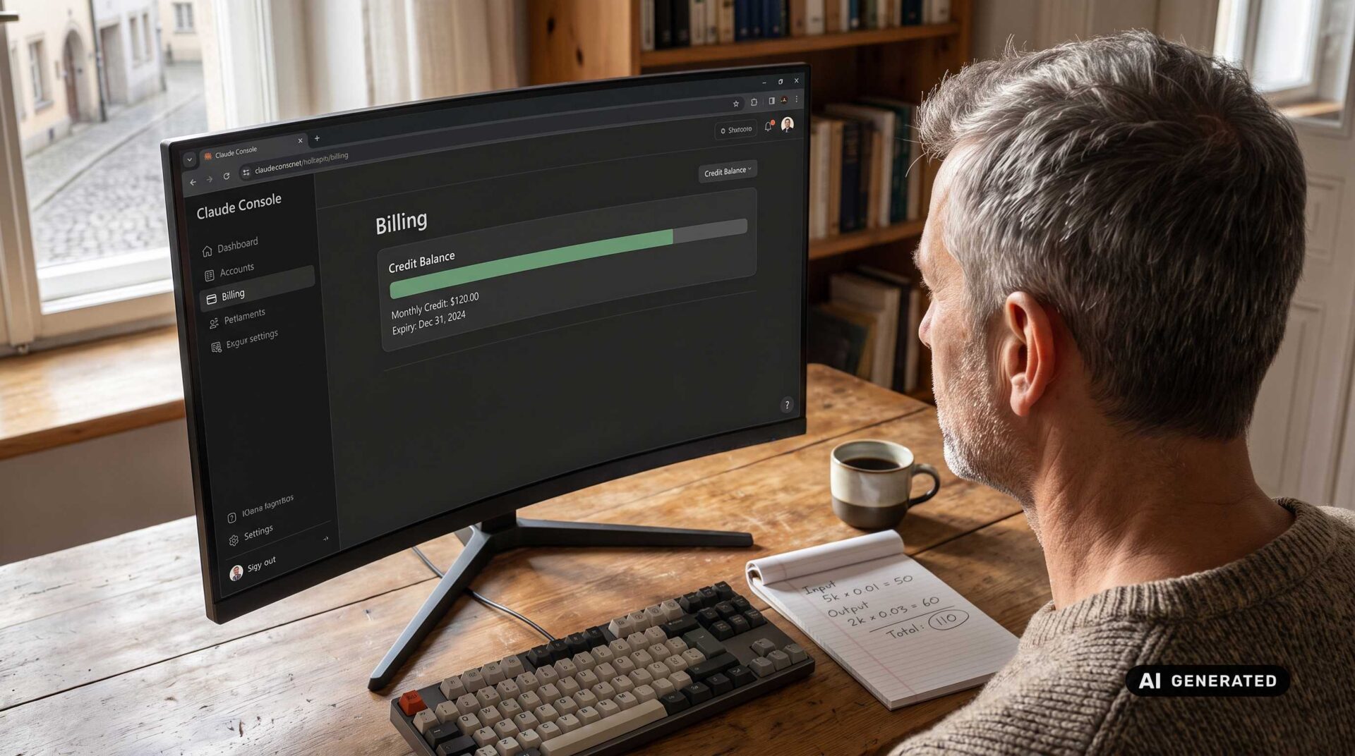Mann prüft Rechnungen am Computer
