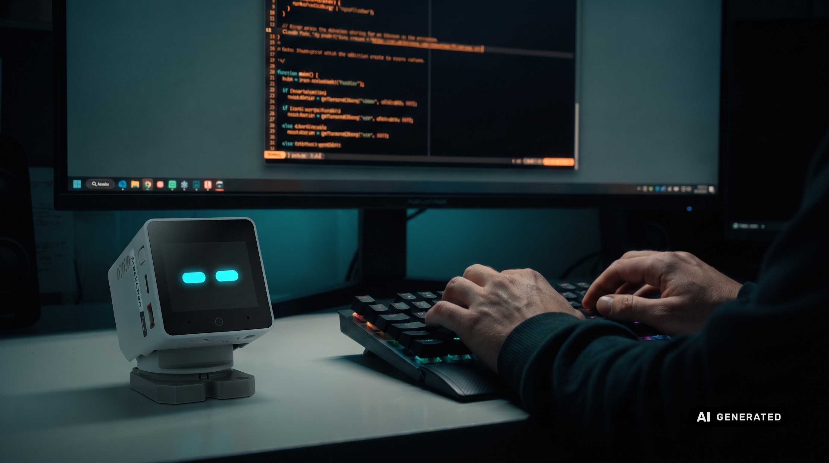 Roboter und Programmierer am Computer