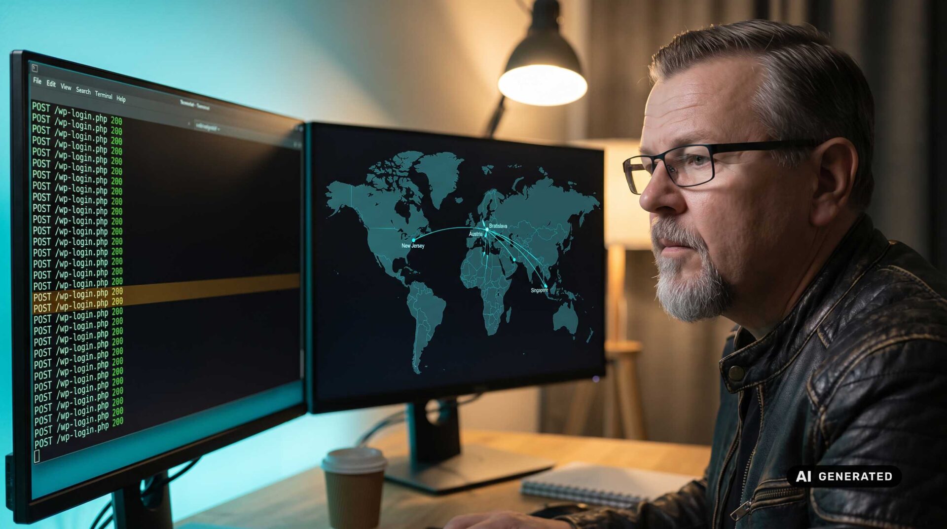Mann am Computer mit Weltkarte