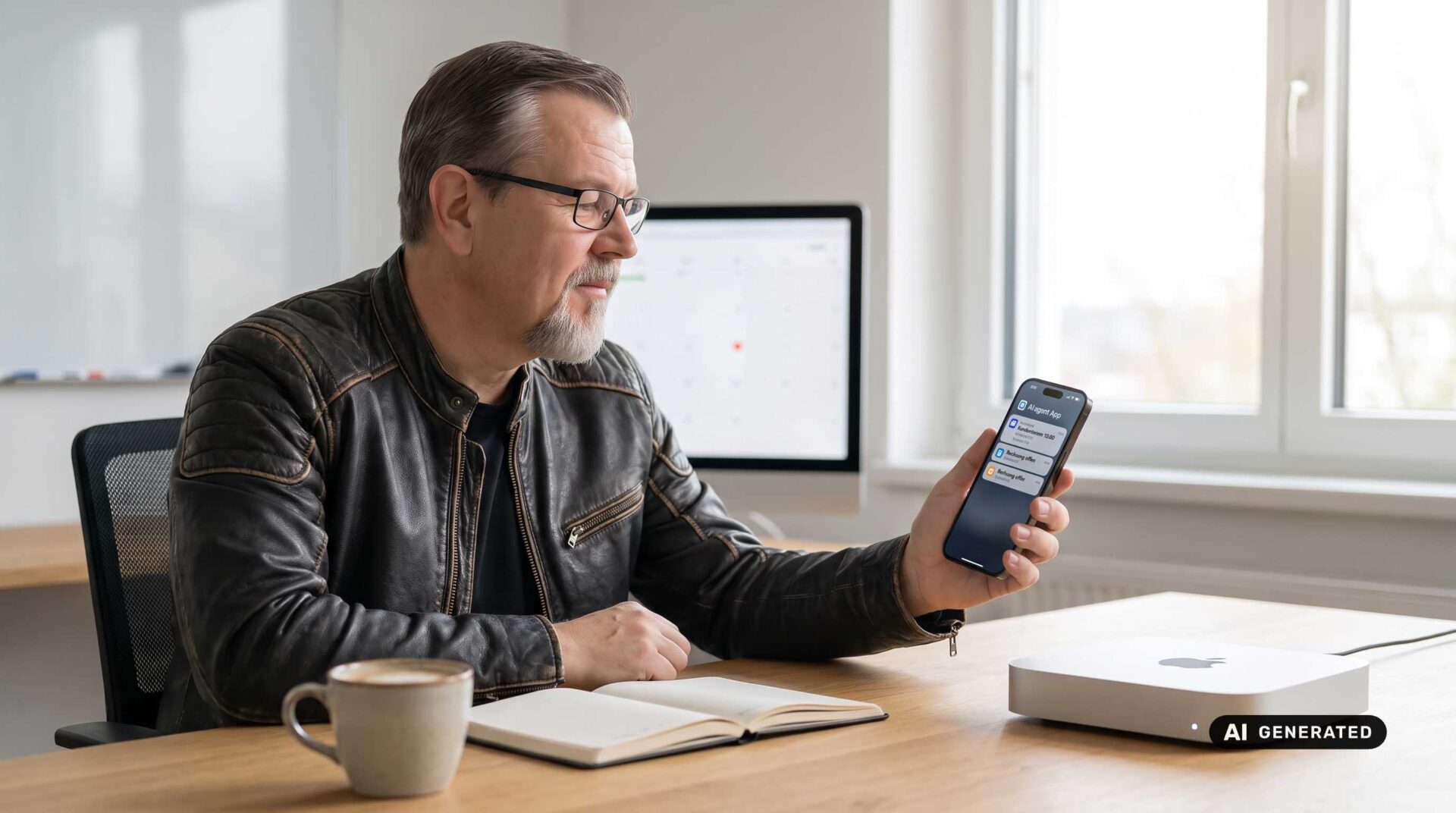 Mann mit Smartphone am Tisch