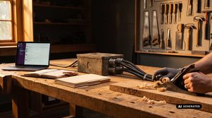 Werkbank mit Werkzeugen und Laptop