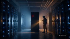 Serverraum mit Hacker und Taschenlampe